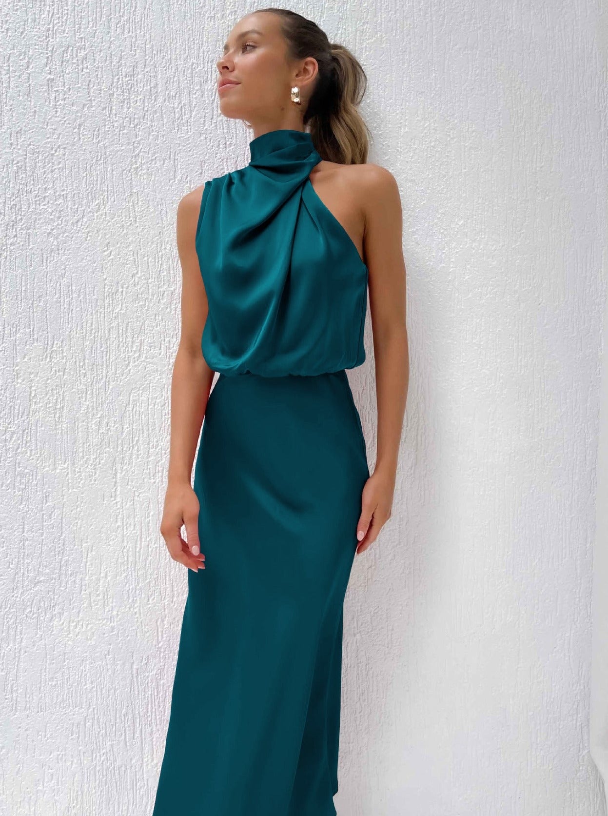 Abendkleid Damen Lang - Satin Neckholder Kleid Elegantes Cocktailkleid für Partys

