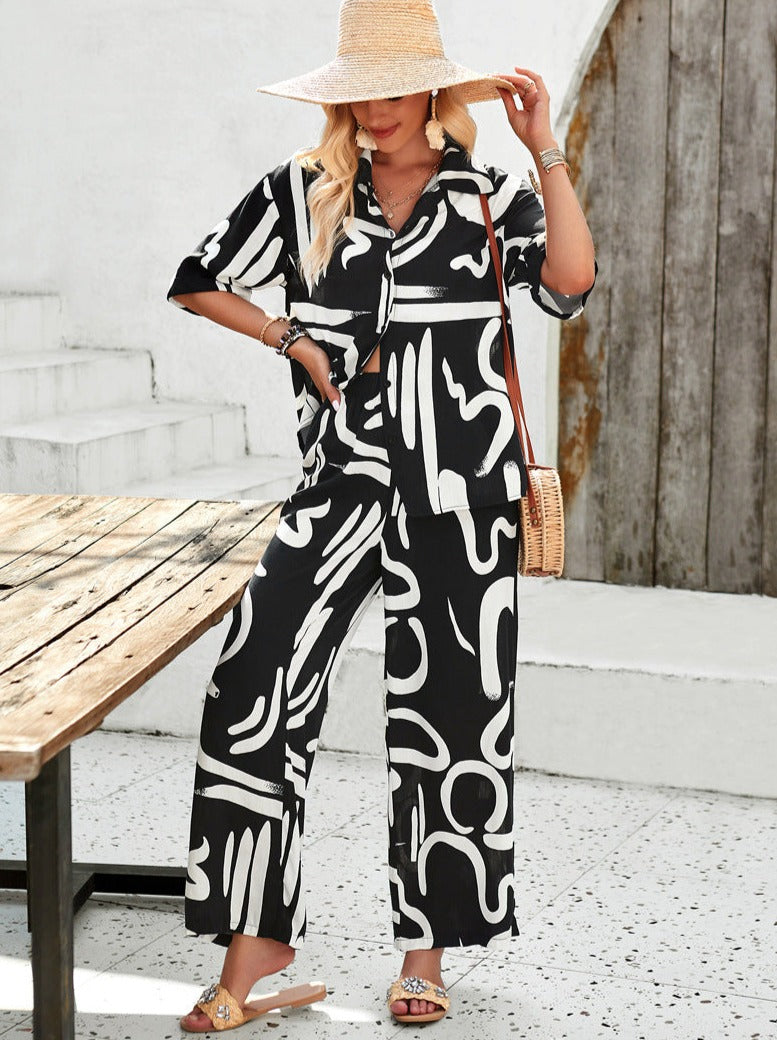 Casual Black Overall Printed Loose Button Down Shirt and Pants Set