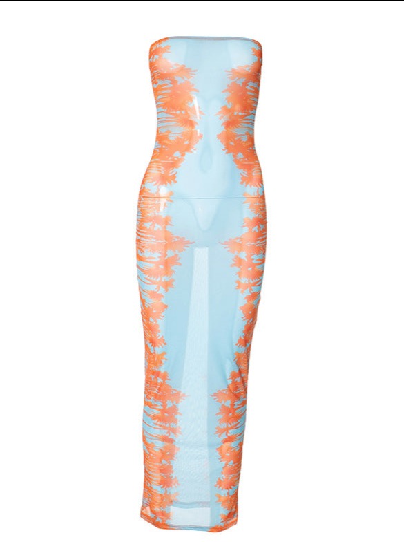 See Through Mesh Blue og Orange Tie Dye Tube Dress 