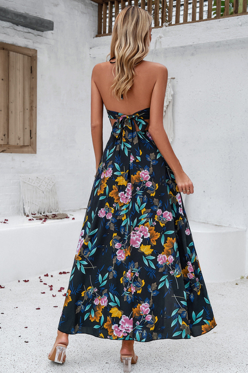 Sommerliches Maxikleid Blumenkleid Spaghetti-Träger Schlitz - Boho Strandmode