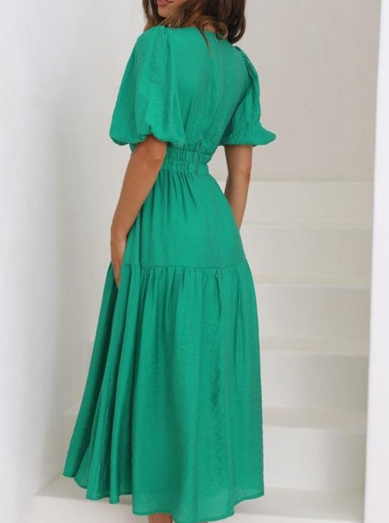 Solid Color Fluff Sleeve V-Neck Pleated Dress