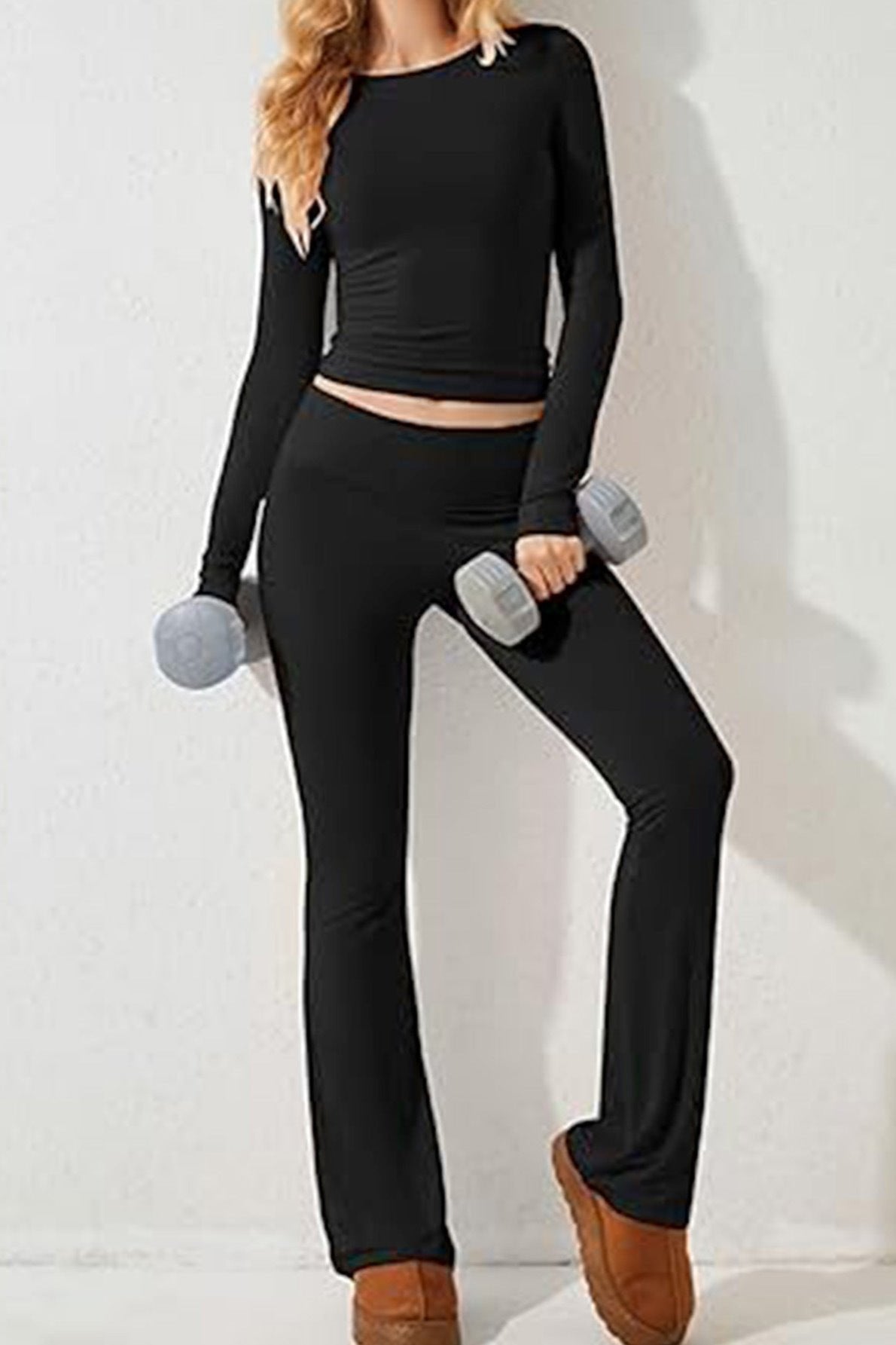 Todelt sort langærmet Crop Top Flare Pants Set 