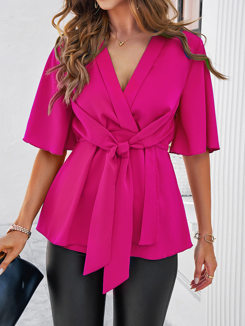 Rose V-Neck Ribbon Tie Blouse