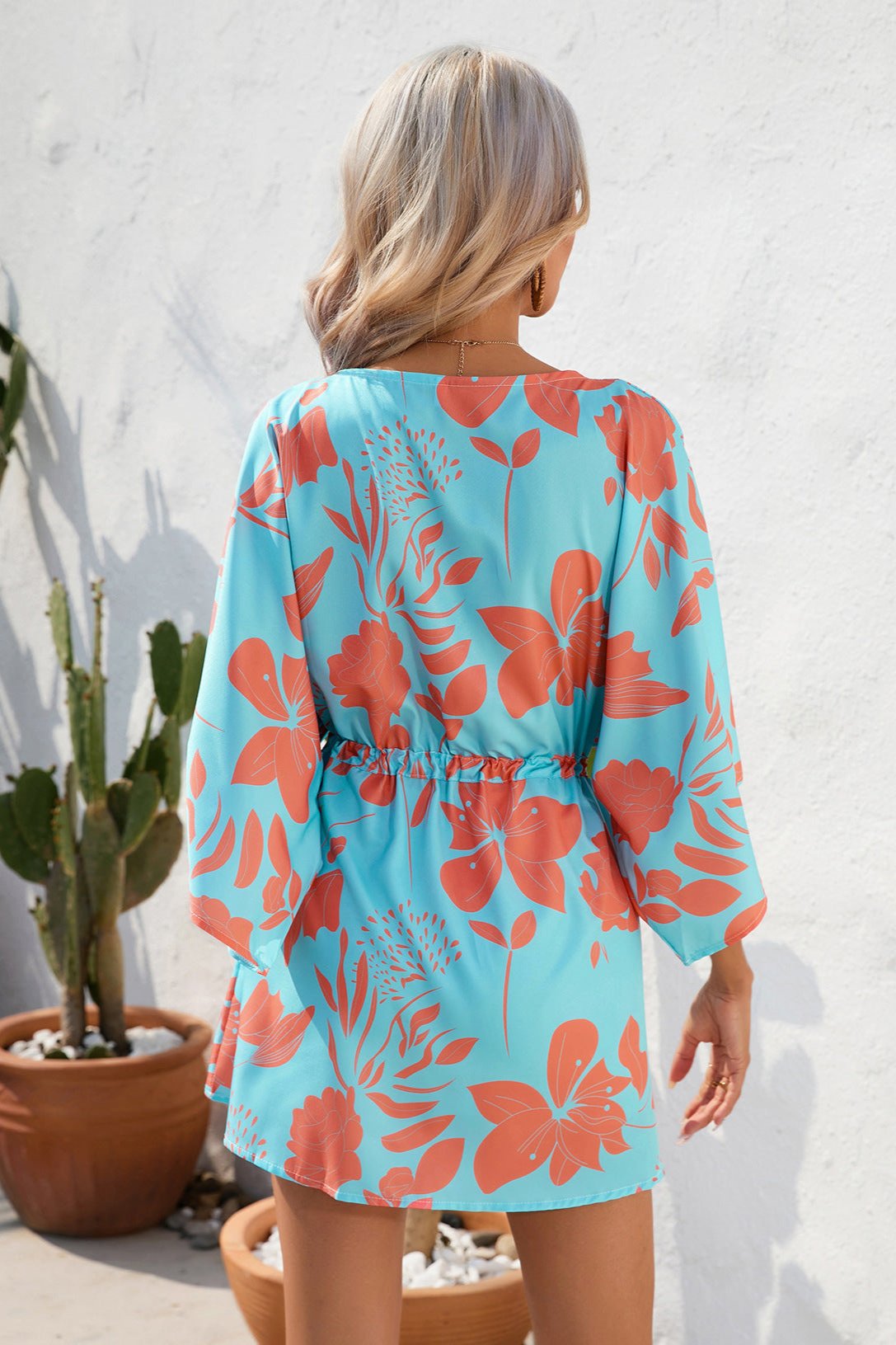 Tropical Blue Printed Half Sleeve Mini Dress