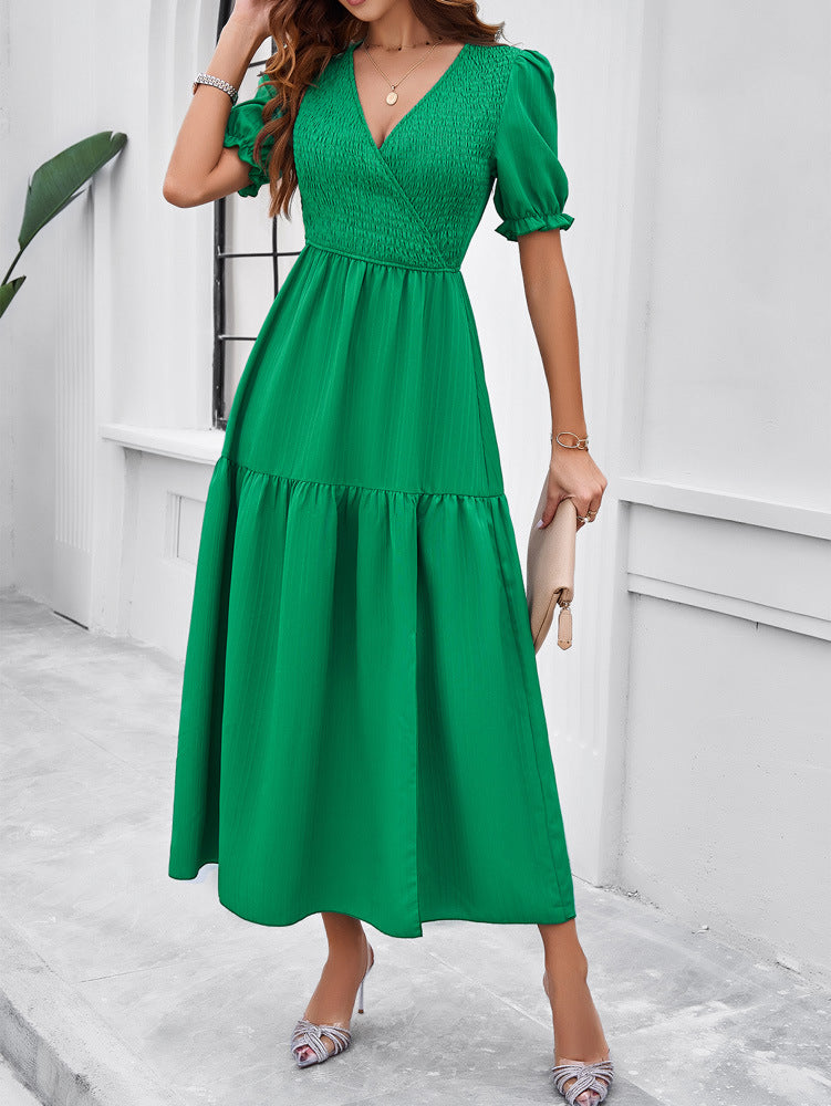 Green V-Neck Short Sleeved Long Dress