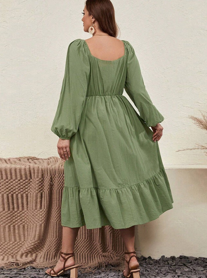 Puff Long Sleeve Square Neck Casual Dress