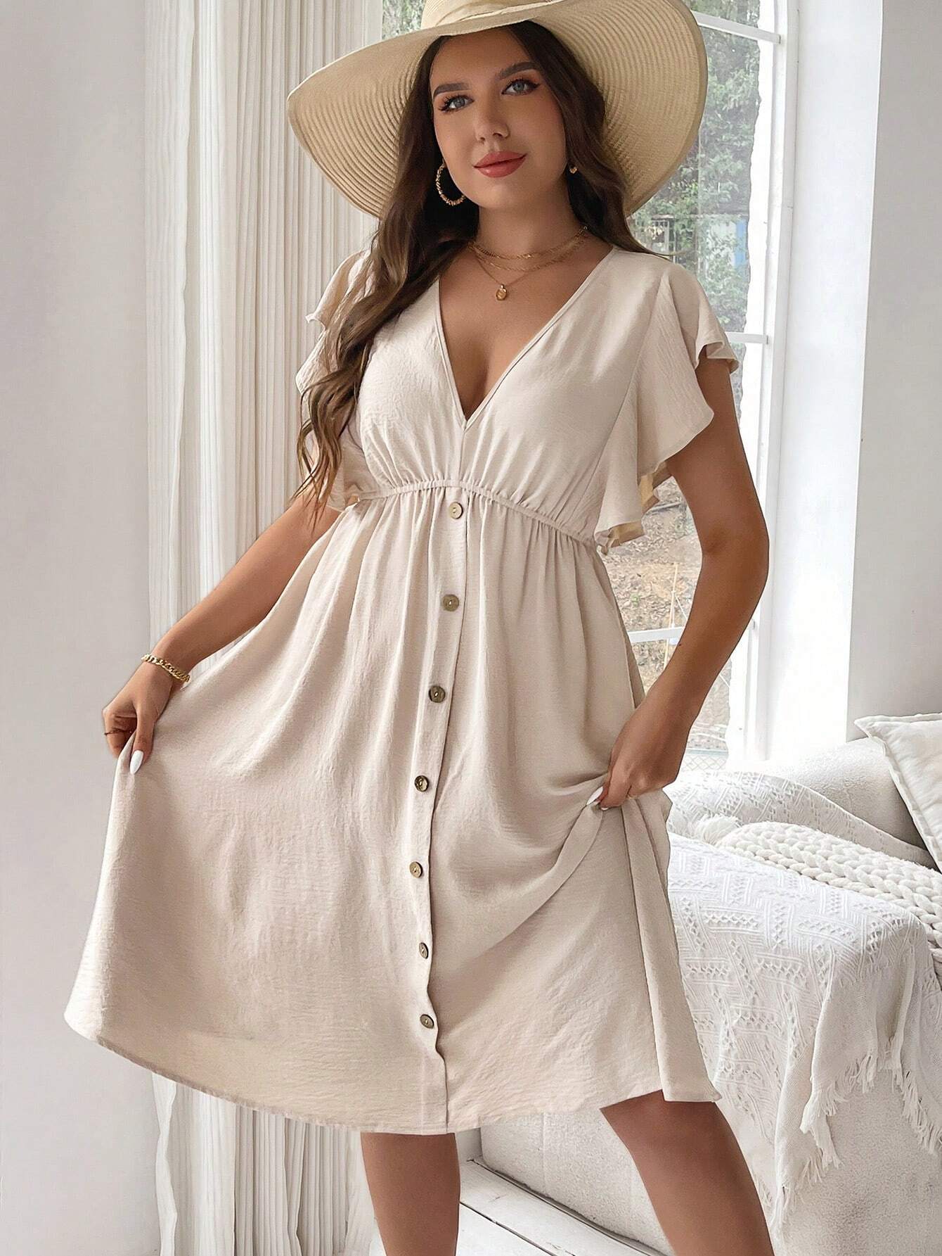 Plus Size V-hals Button Down Sun Dress 