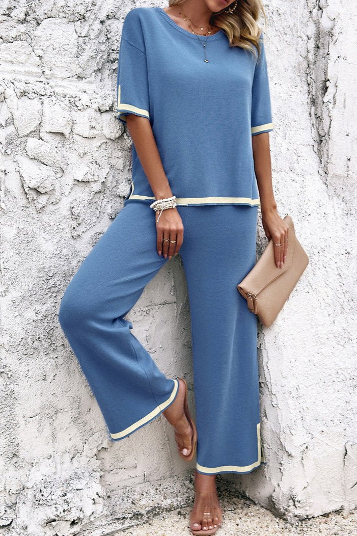 Blue Chic Casual Short Sleeve Knitted Top and Pants Set