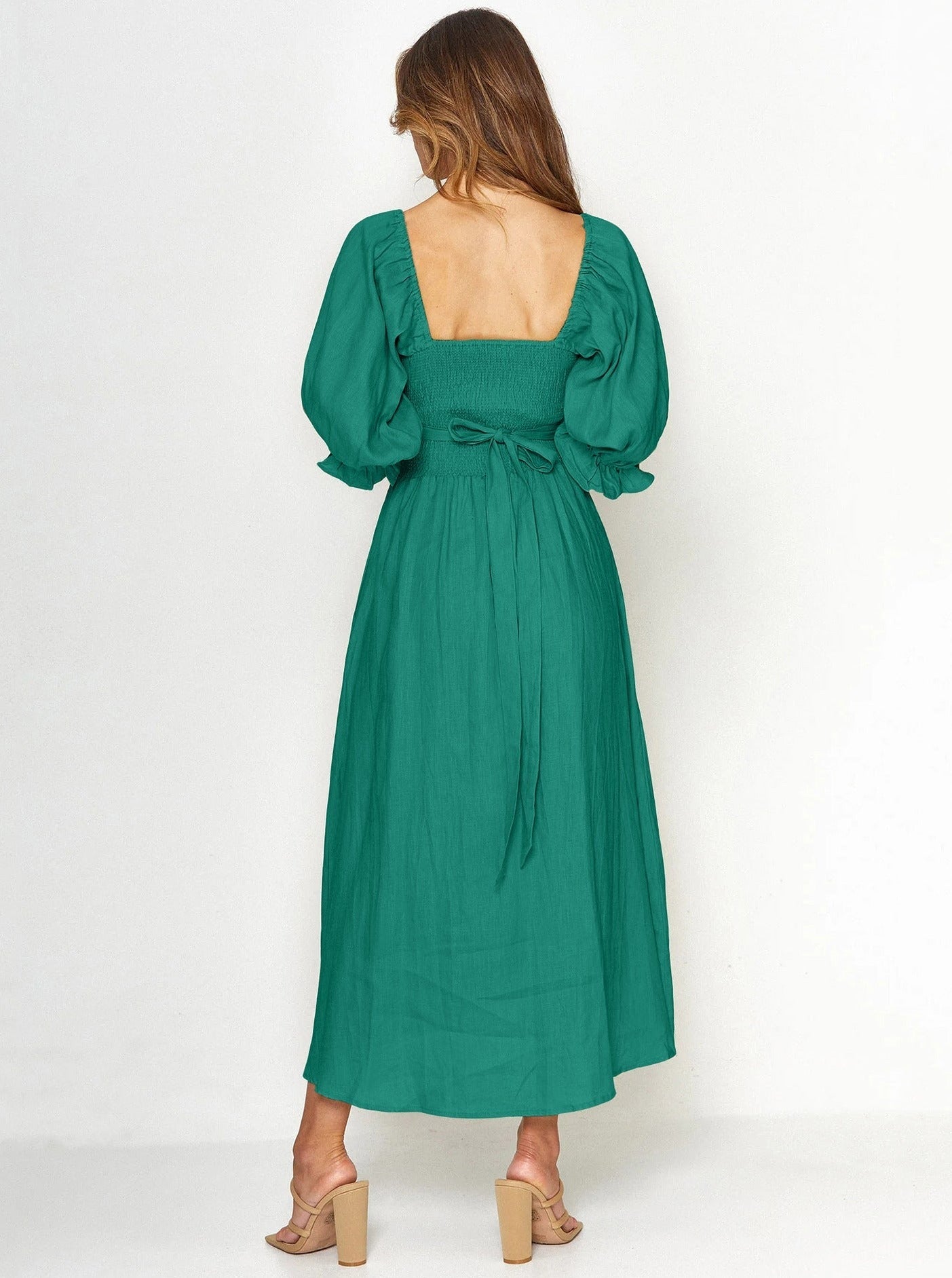 Green Rope Belt Ruffled Lantern Sleeved Multi Wear Elegant Dress