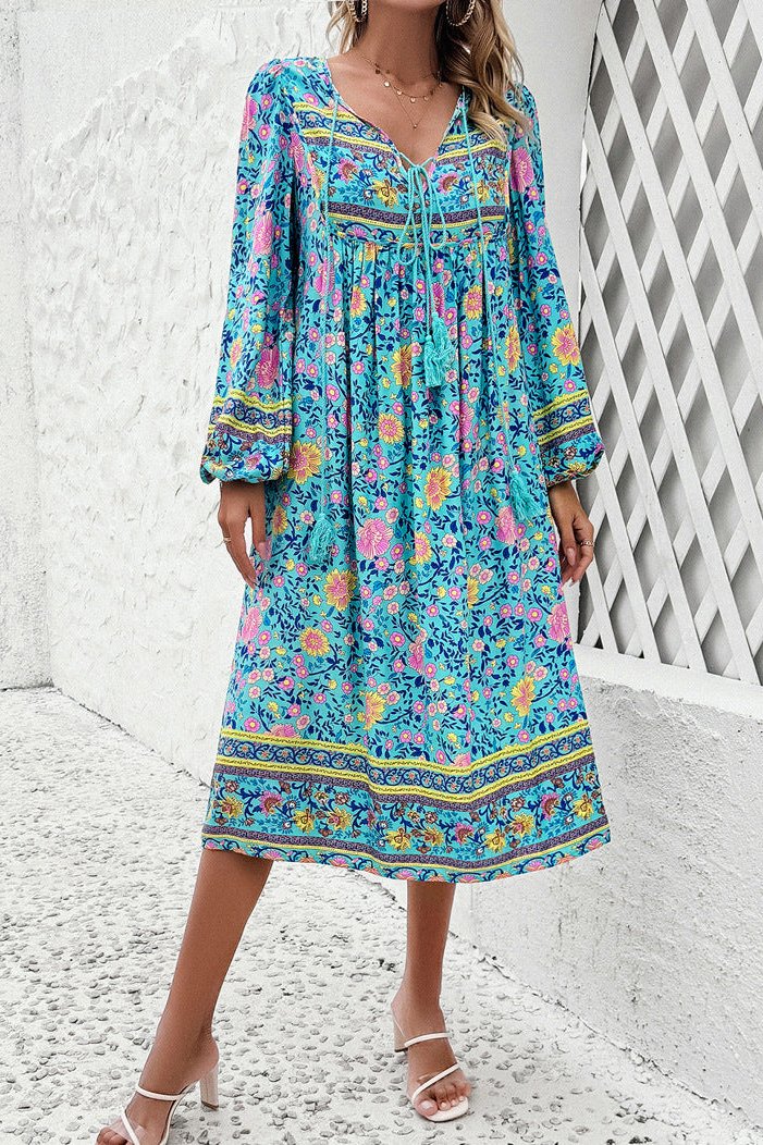 Stylish Blue Floral Long Lantern Sleeve Midi Dress