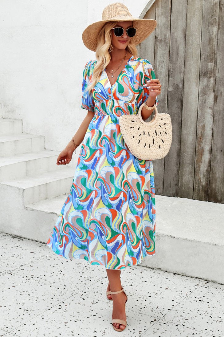 Casual Floral V-Neck Puff Sleeve Midi Dress