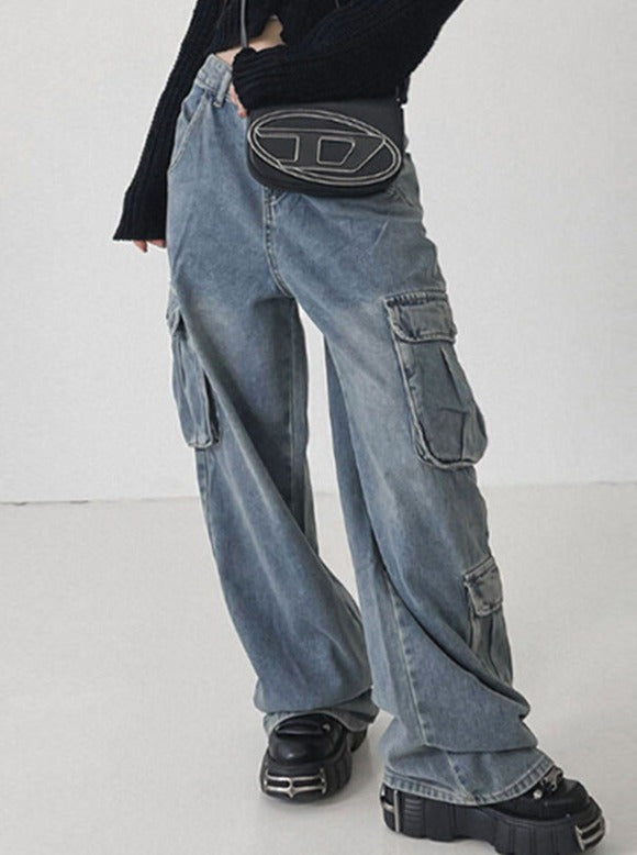 High Waist Plain Cargo Wide Leg Pants