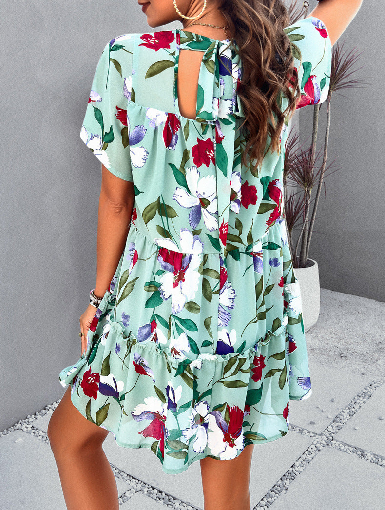 Green Leisure Vacation Printed Short-Sleeved Dress