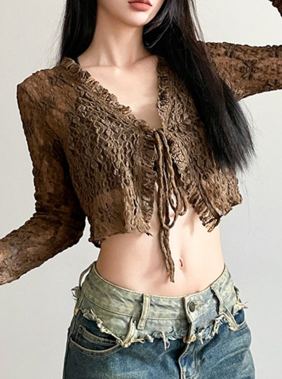 Long-Sleeve V-Neck Crinkled Crop Top