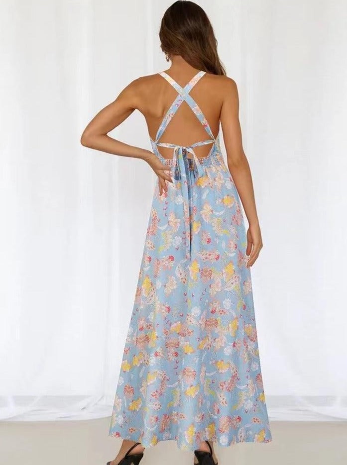 Floral Printed Halter Neck Racer Back Maxi Dress