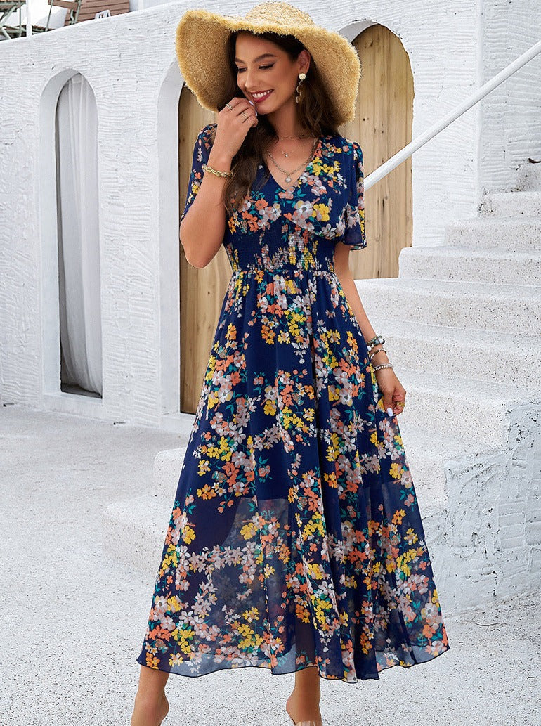 Deep Blue Smocked Floral V-Neck Short Sleeve Dress