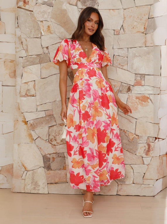 Elegant Floral Swing Backless Dress