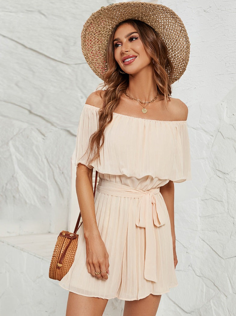 Beige Off-Shoulder Pleated Collar Jumpsuit