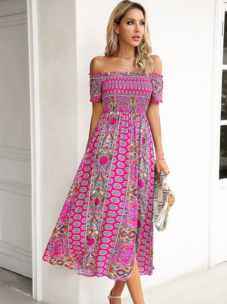 Sommer Off Shoulder Bohemian Slit Midi-kjole 