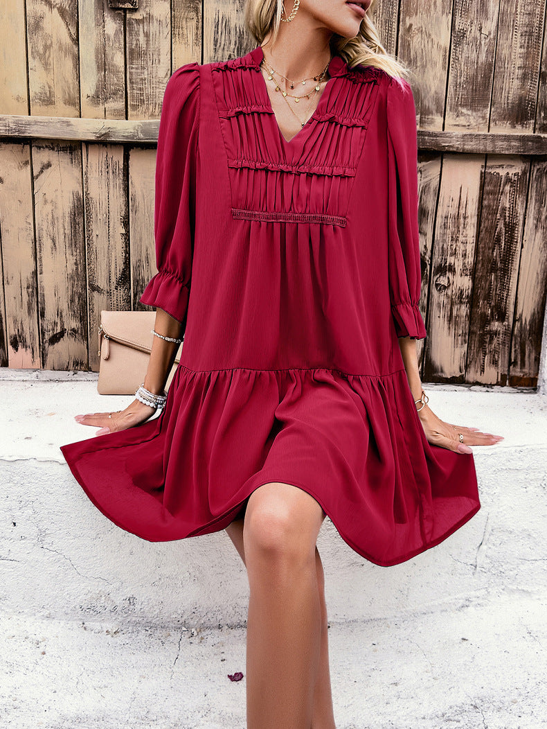 V-Neck Solid Red Color Half Sleeve Dress