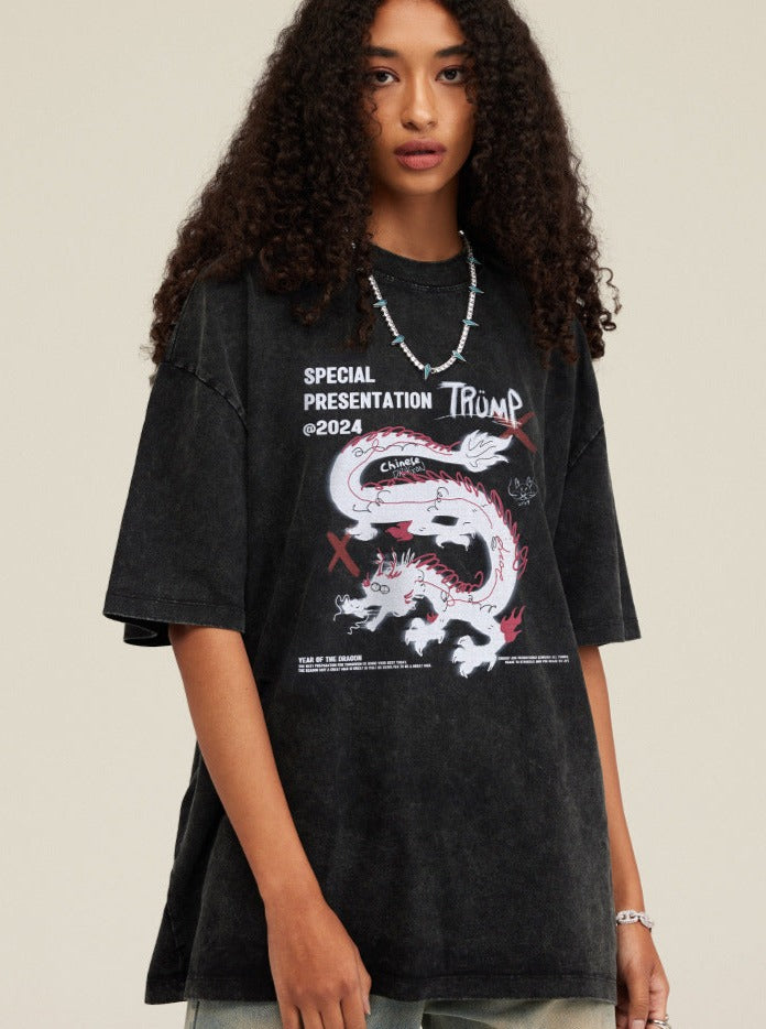 Black Casual Loose Dragon Printed Shirt