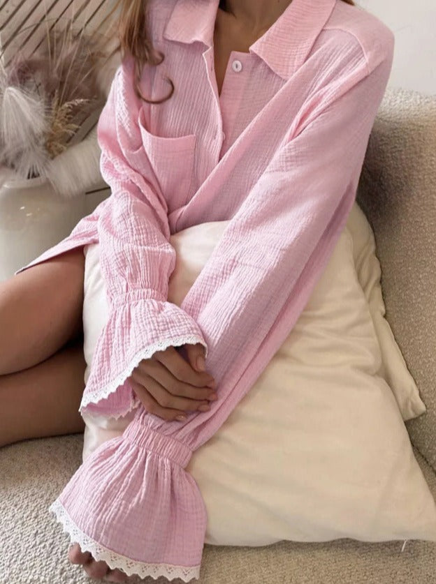 Pink Two Piece Lantern Sleeve Loose Shorts Set