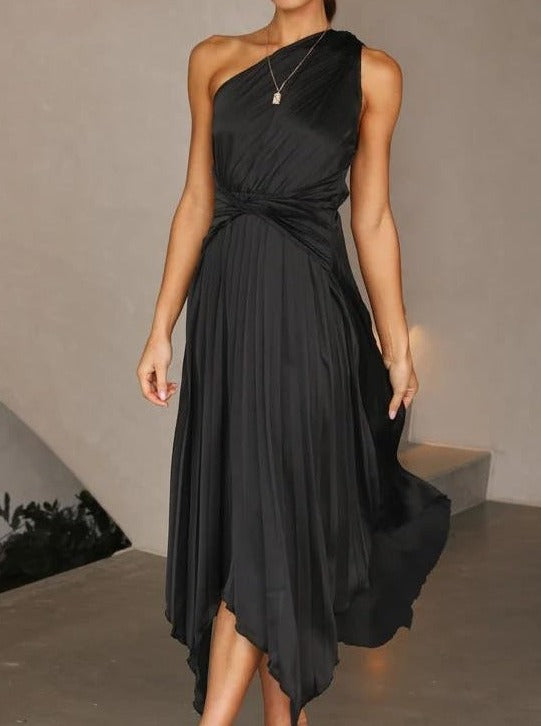 Solid Color One Shoulder Pleated Asymmetrical Dress