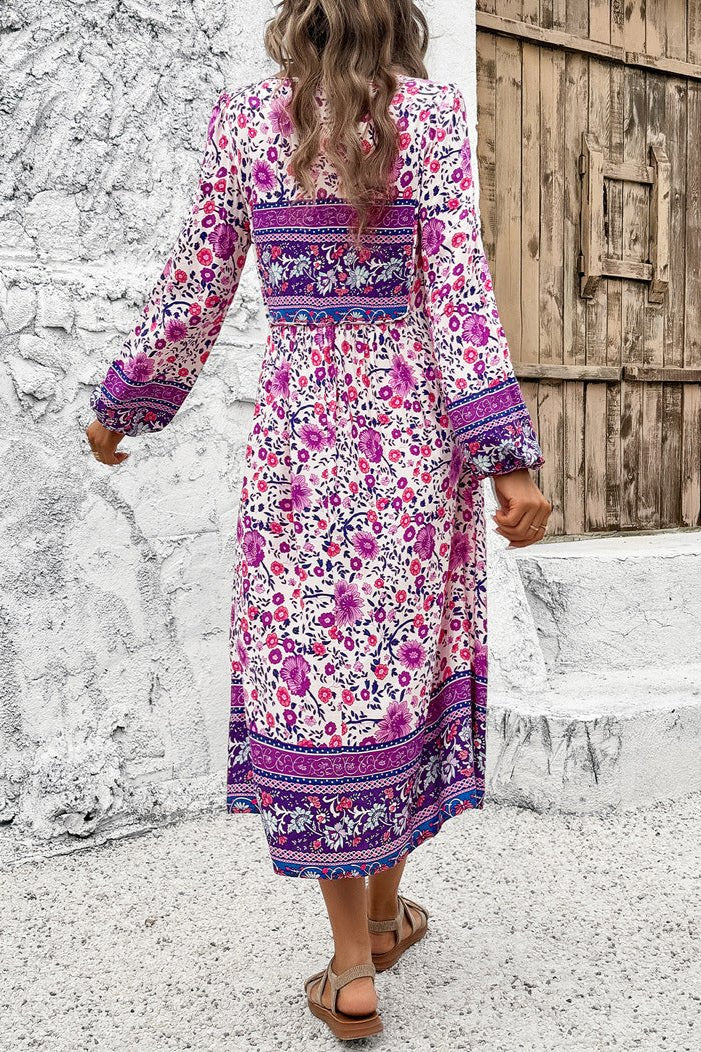 Boho Midikleid Langarm Ethno-Muster Blumenkleid - Lässiges Sommerkleid