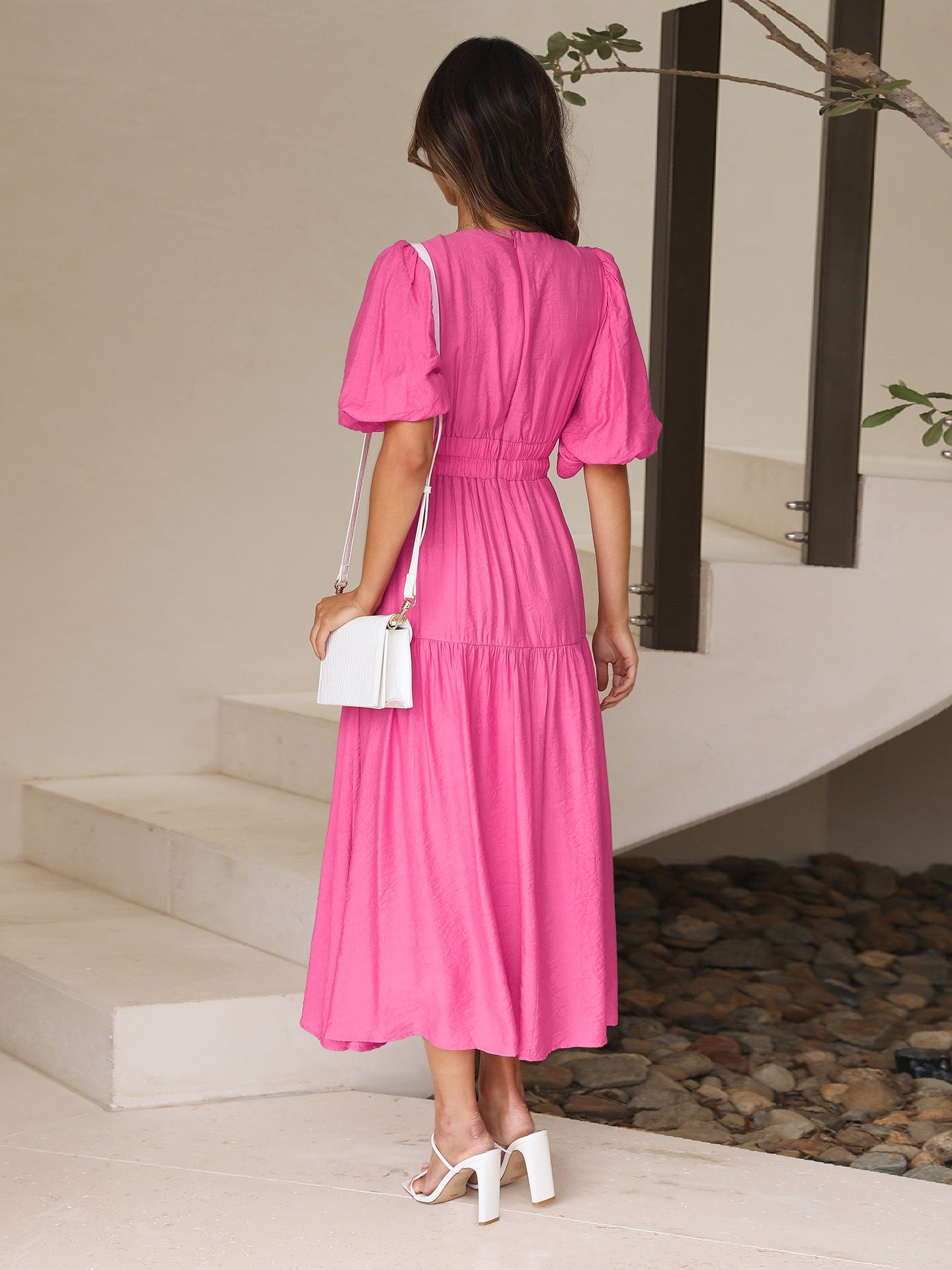 Pink Deep V-Neck Puff Sleeve Layered Dress