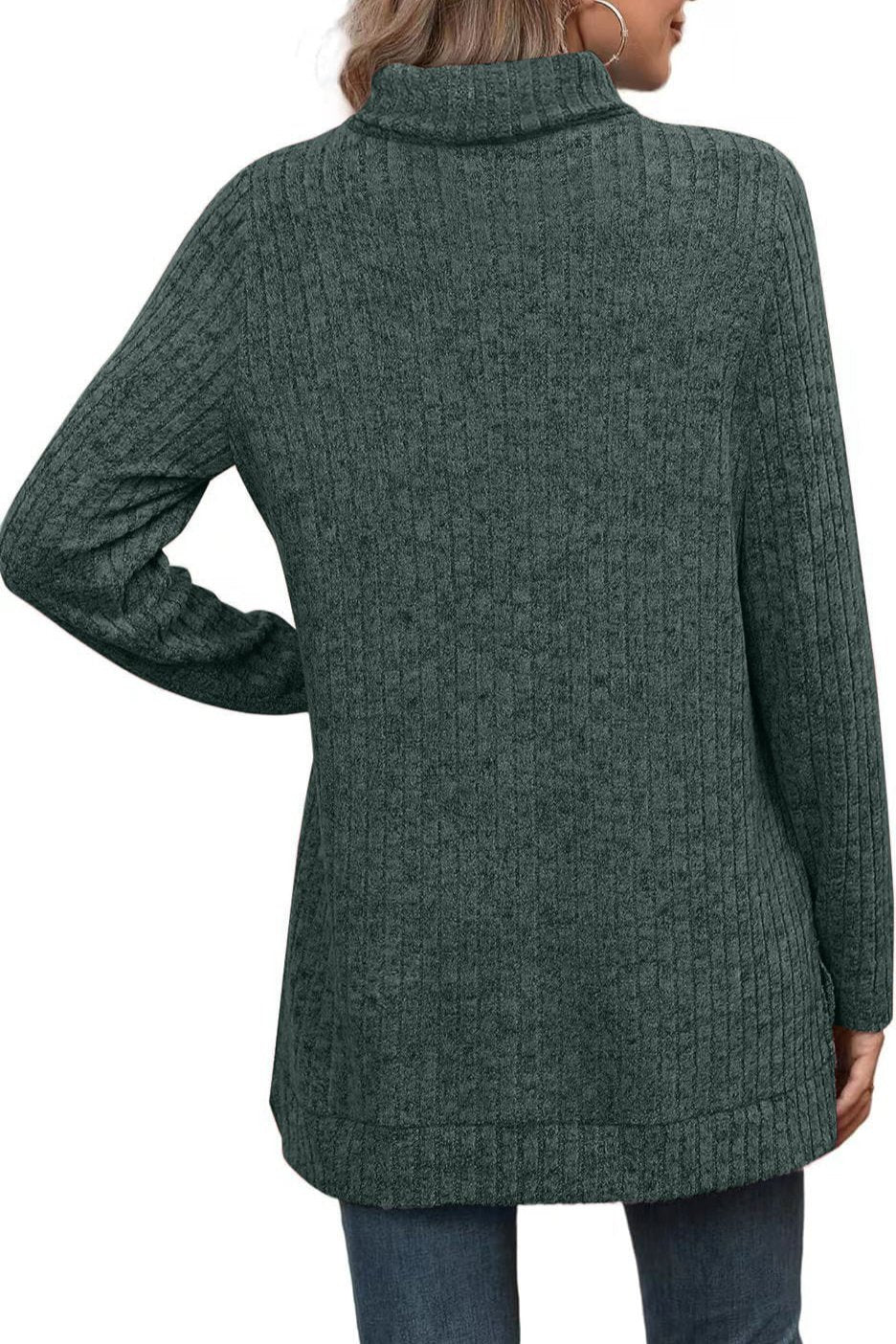 Solid Green Turtleneck Long Sleeve Pullover Sweater