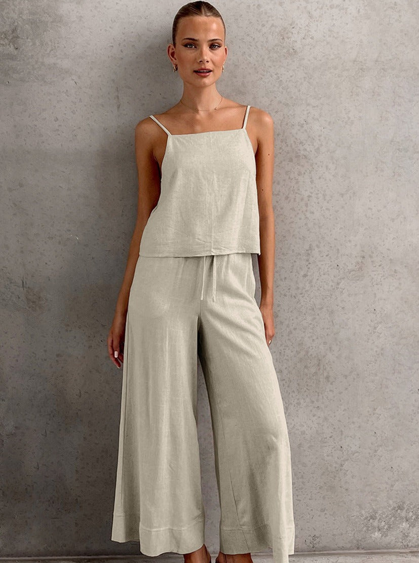 Lace-Up Casual Sleeveless Top Wide Leg Pants Two Piece Set