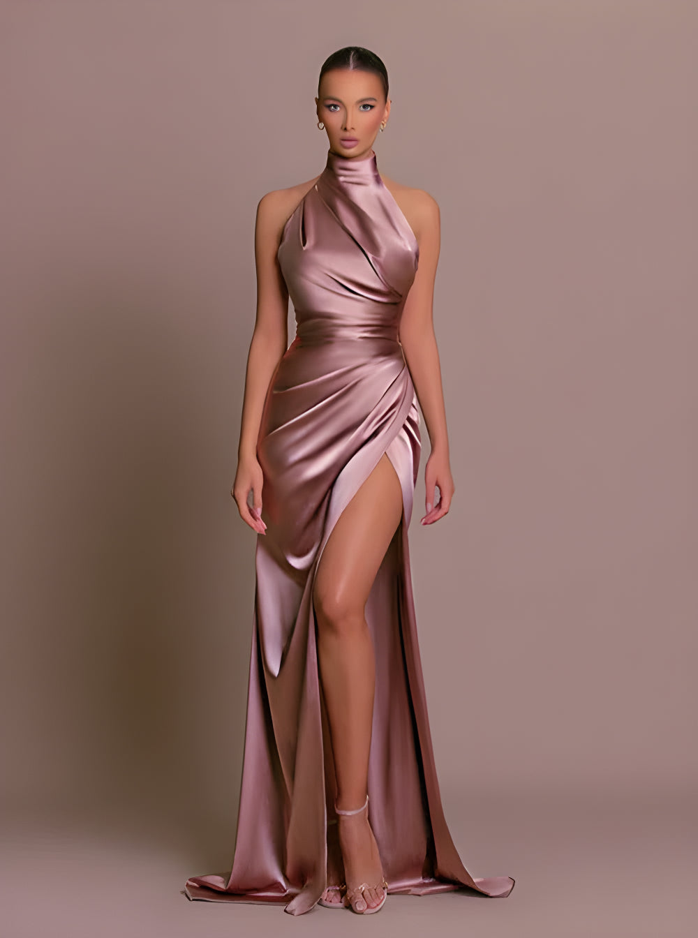 Damen Abendkleider Schwarz Satin Festliches Maxikleid Langes Elegantes Kleid mit Schlitz für Cocktail Hochzeitsgast