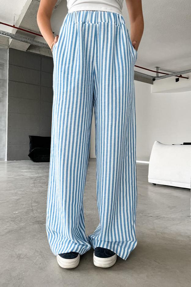 Casual Blue Stripes High Waist Loose Straight Elastic Trousers