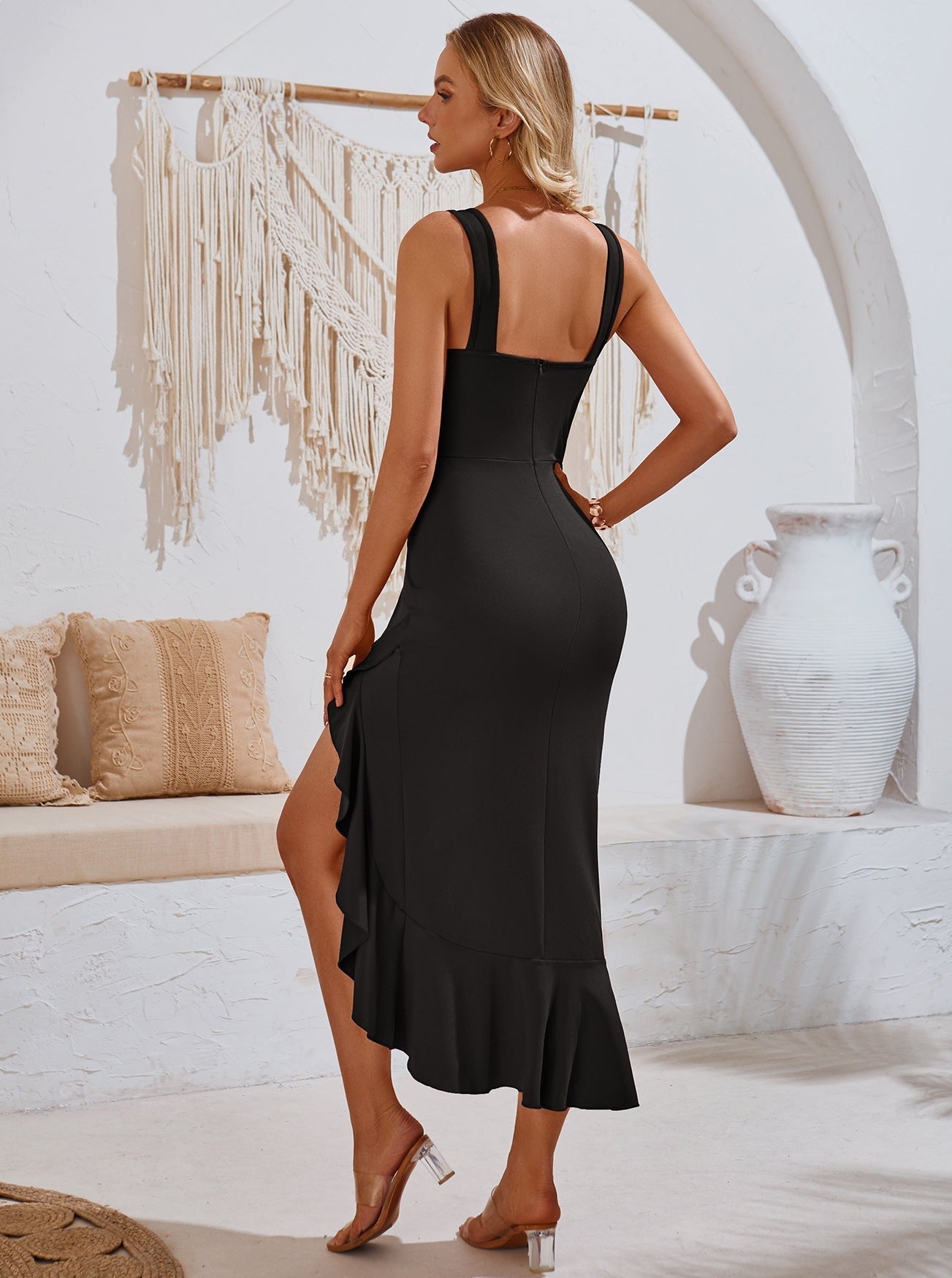 Sleeveless V-Neck Slit Bodycon Dress