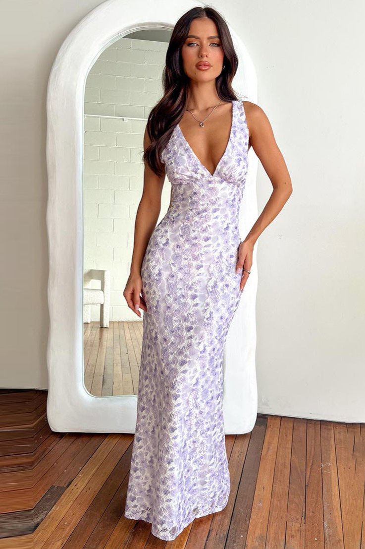 Elegant Purple V-Neck Sleeveless Maxi Dress