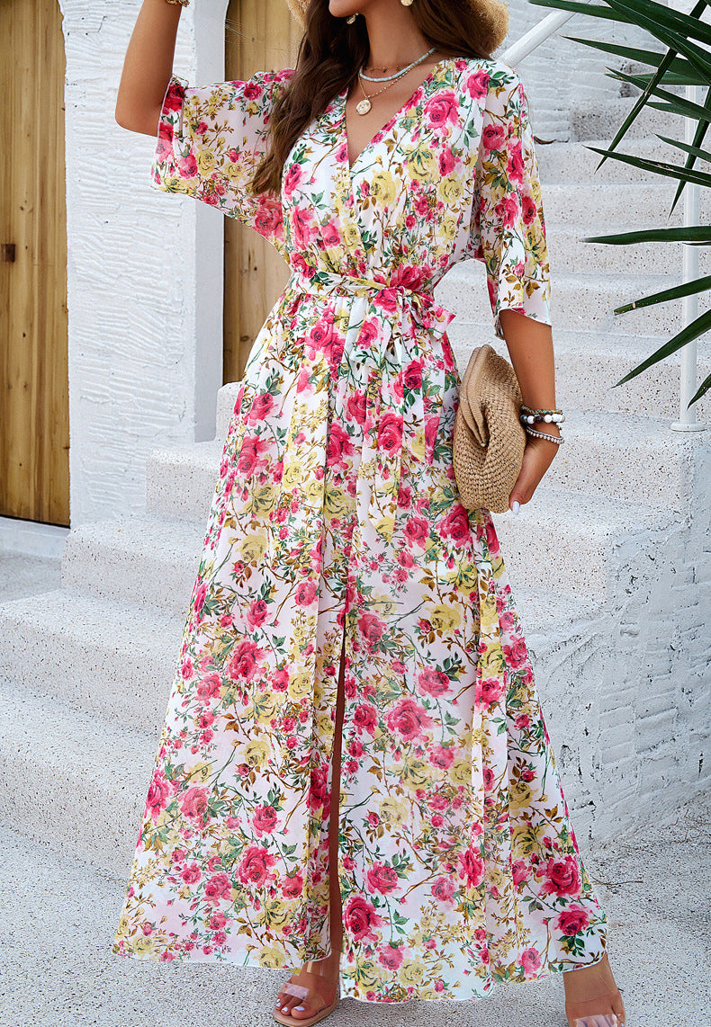 Pink Floral Printed V-Neck Pleated Dress