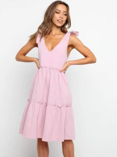 Solid Color Tie Shoulder Layered Dress