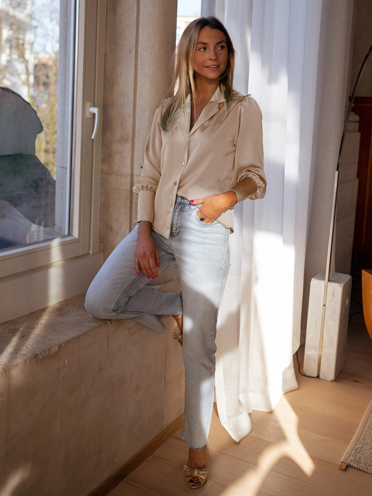 Beige Dame Loose Button Down langærmet skjorte 