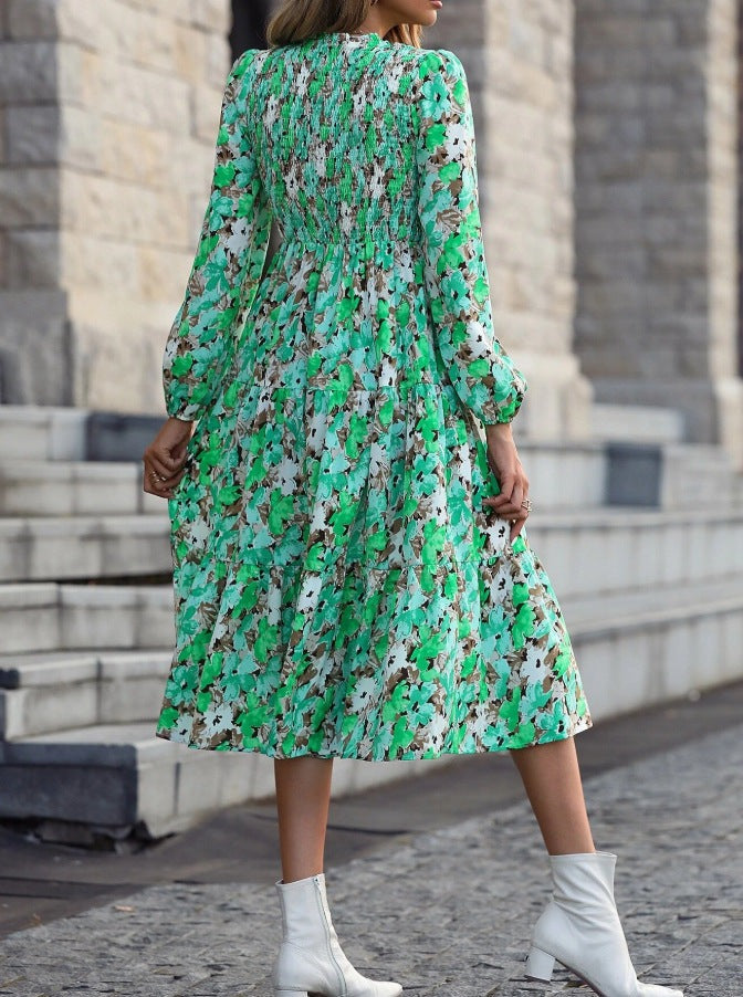 Floral Printed Lantern Sleeve Flared Dress