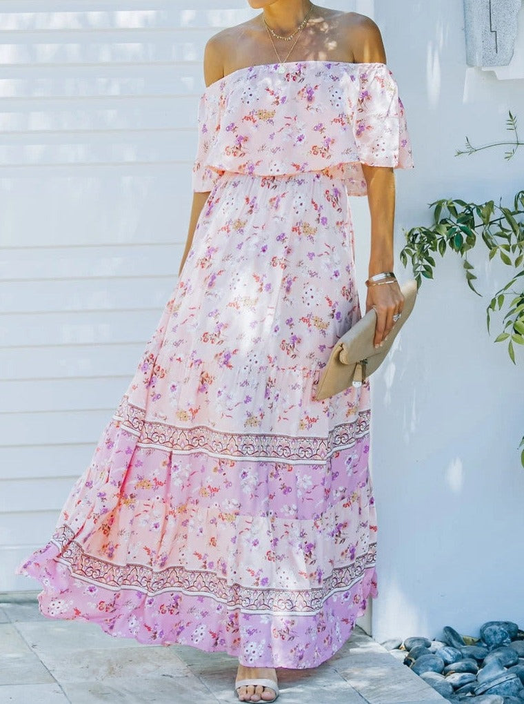 Pink Floral Retro Printed Off Shoulder Maxi Dress