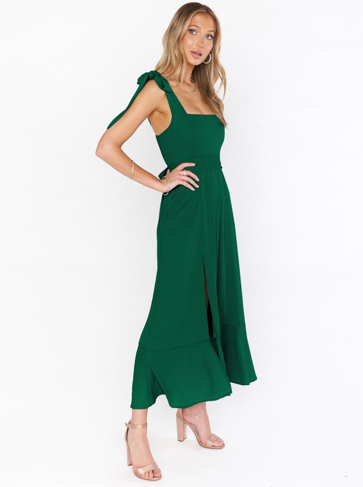 Sommerkleider Midi Elegantes Leinen Wickelkleid Mit Schleife und Schlitz