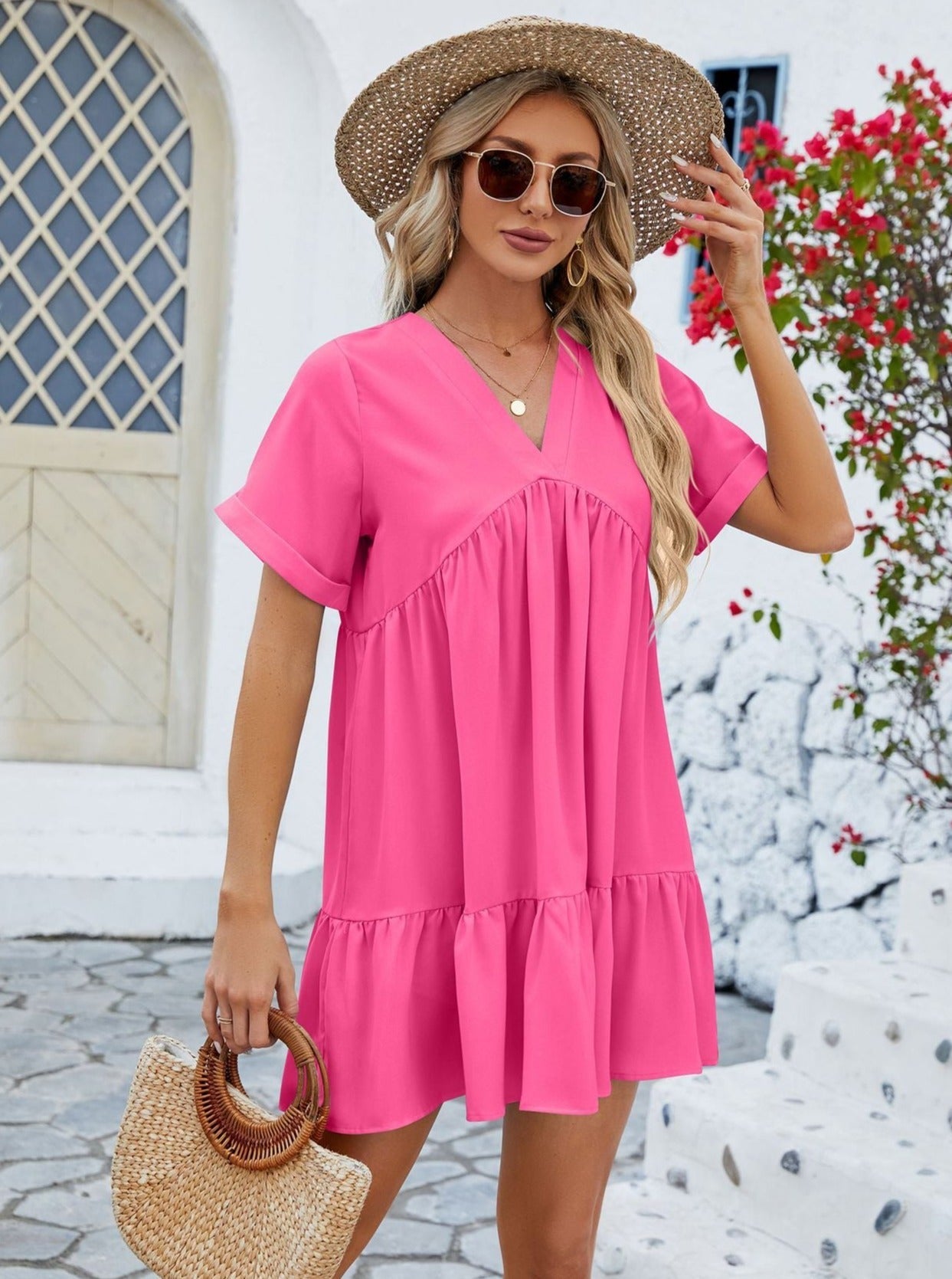 Pink V-Neck Loose Pleated Dress