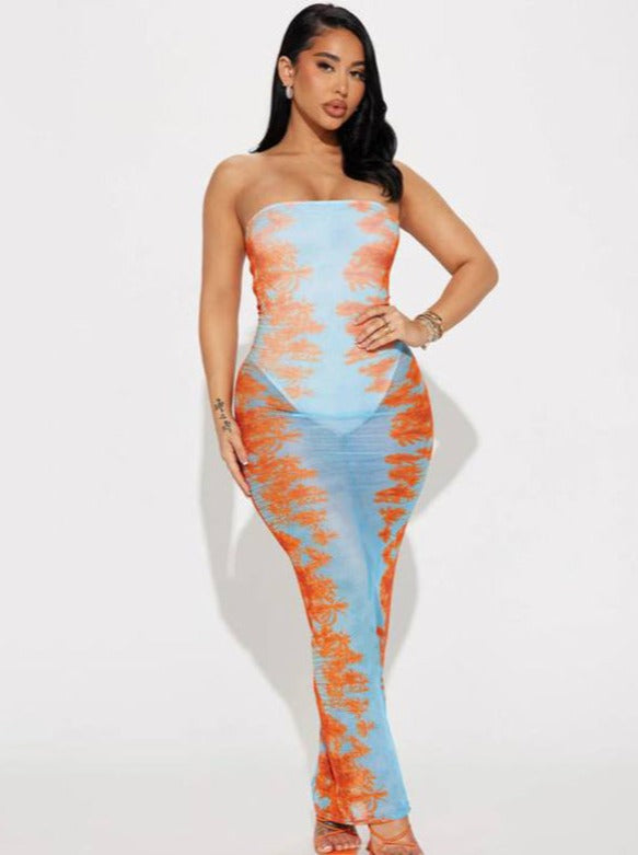 See Through Mesh Blue og Orange Tie Dye Tube Dress 