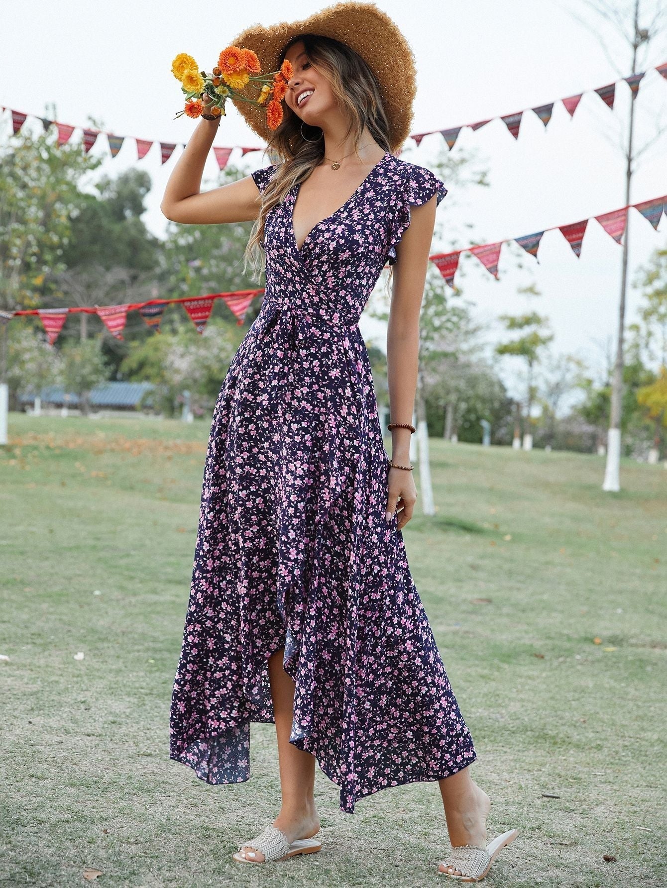 Bohemian Floral Print Vintage bomuld Slit Midi-kjole 