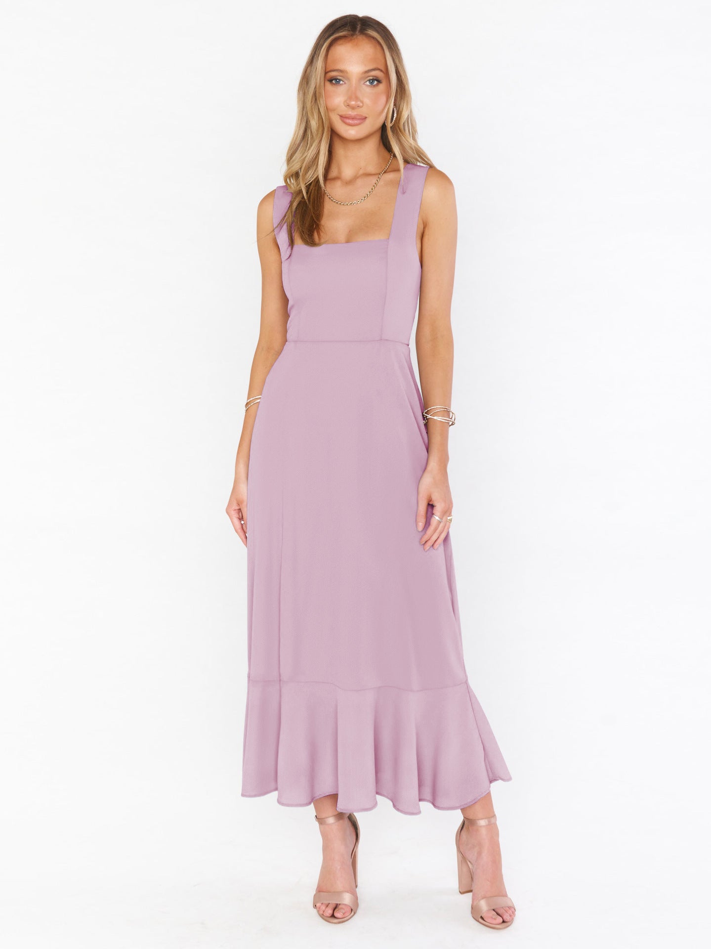 Elegant Solid Color Square Neck Midi Dress