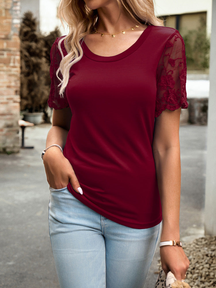 Wine Round Neck Lace Sleeve T-Shirt