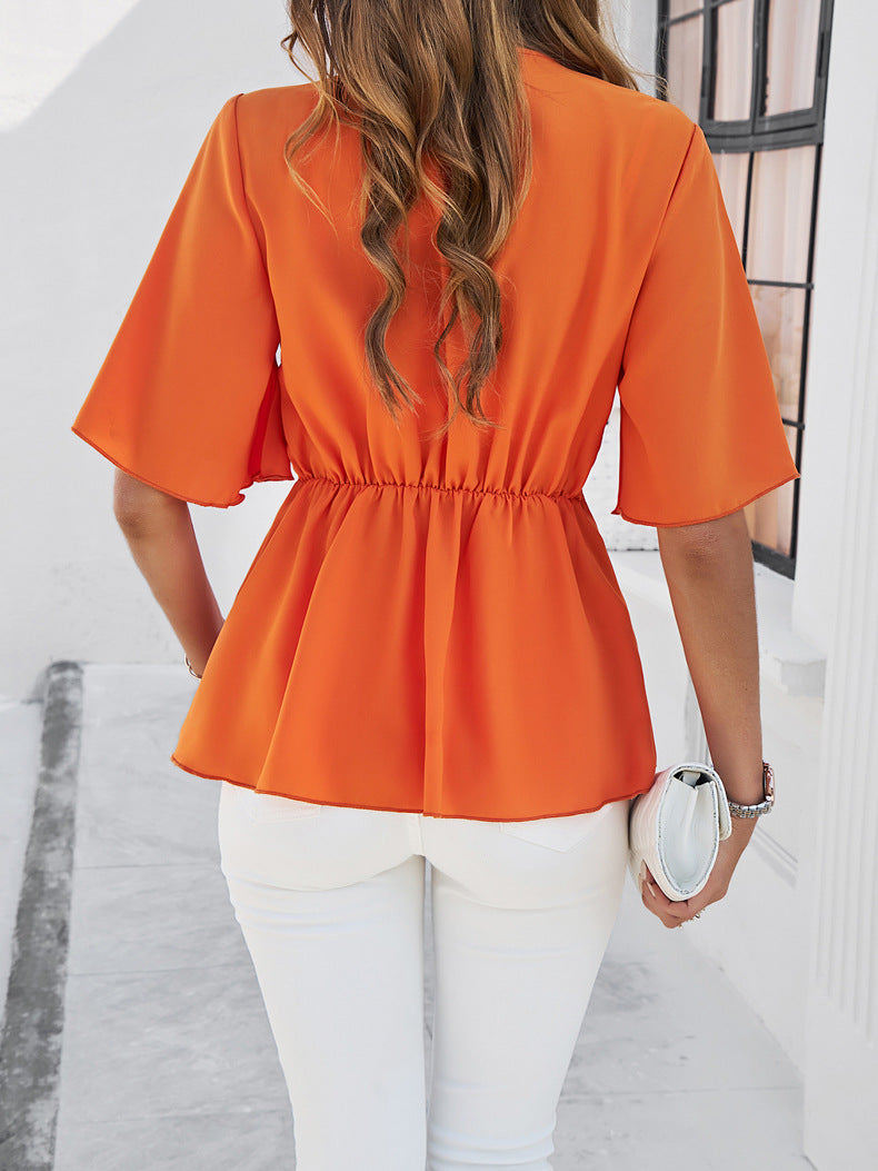 Orange Plain V-Neck Ribbon Tie Blouse