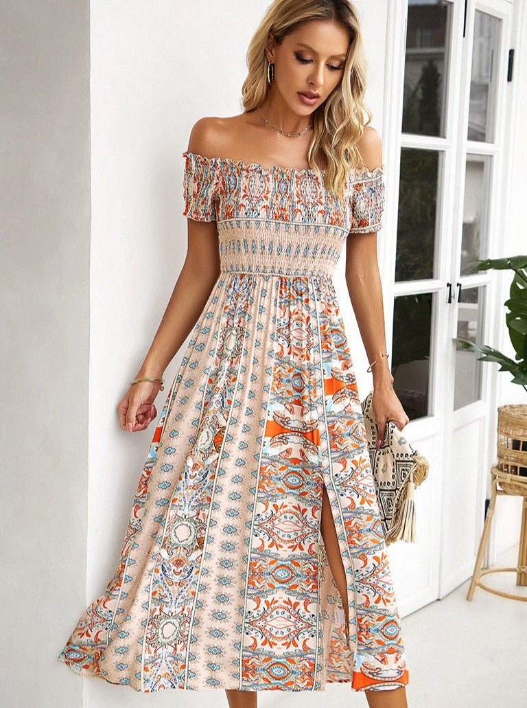 Sommer Off Shoulder Bohemian Slit Midi-kjole 