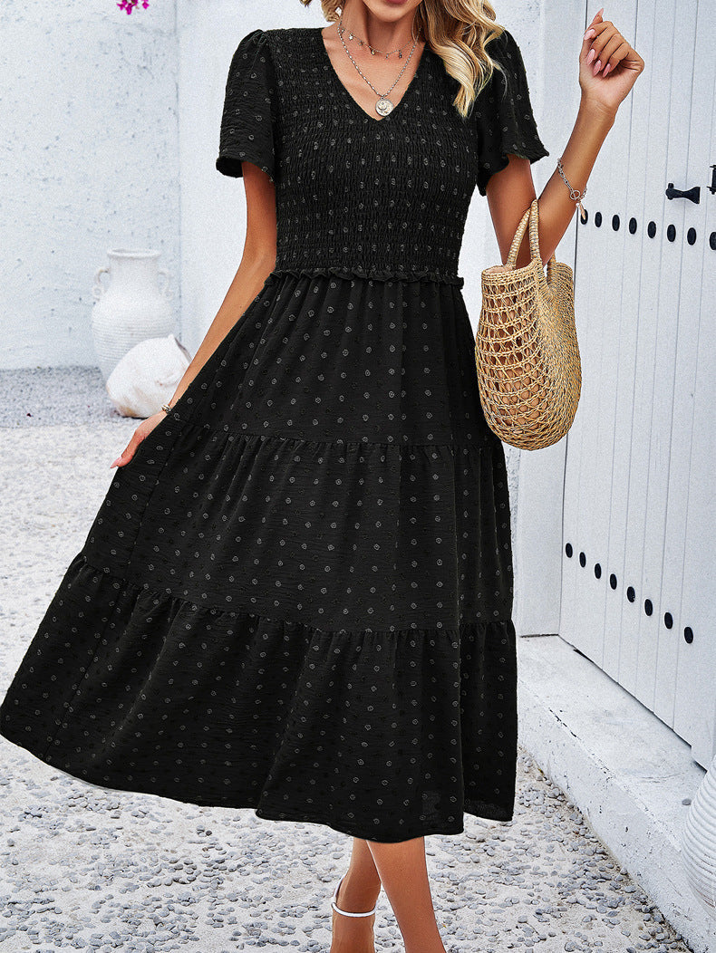 Black Temperament V-Neck Short-Sleeved Dress