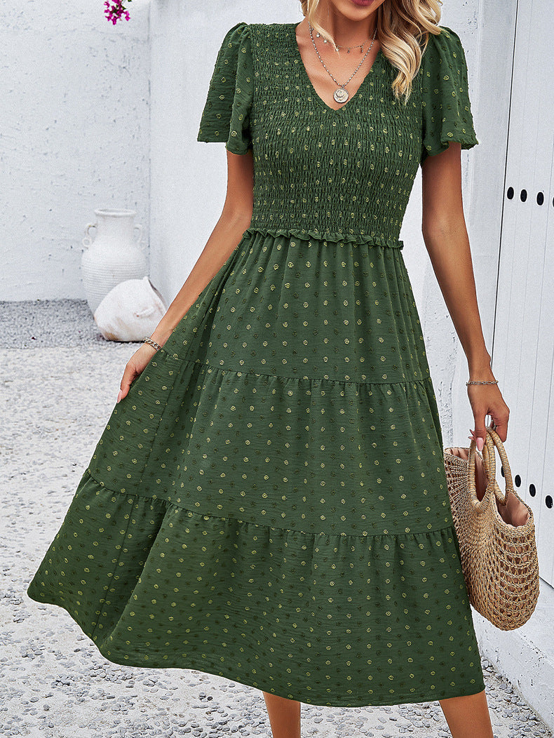 Green Temperament V-Neck Short-Sleeved Dress